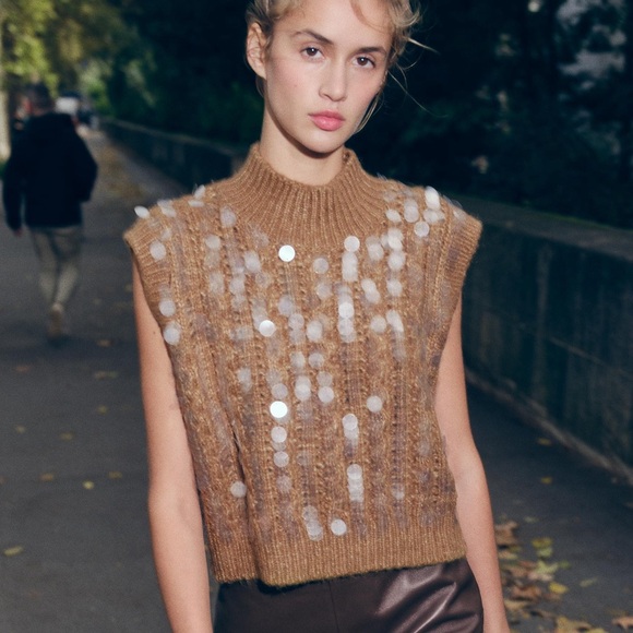 NWT Zara Caramel Knit Sequin Sweater Vest - Picture 1 of 12